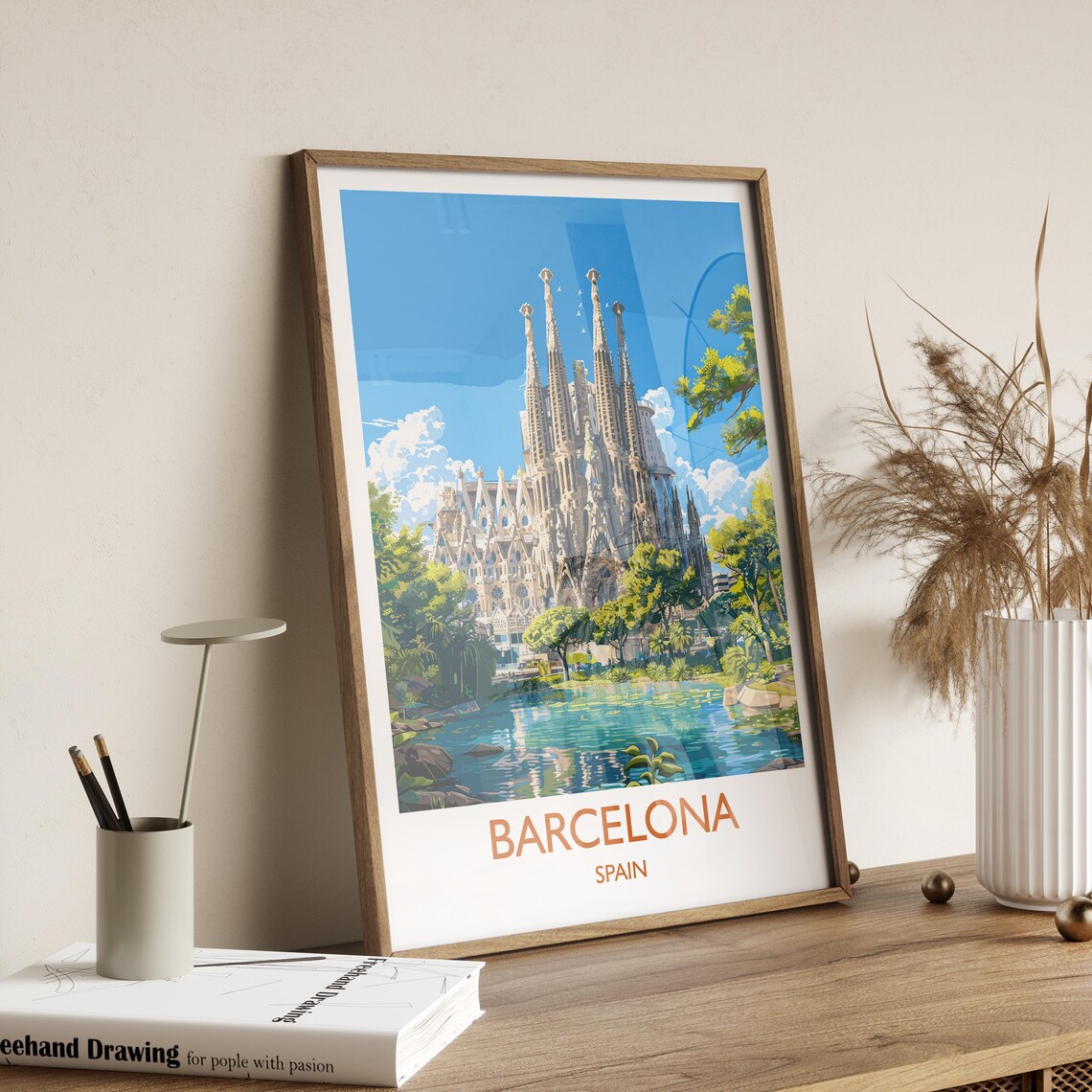 Barcelona Sagrada Familia White Border Text Spain Travel Poster - Image 2