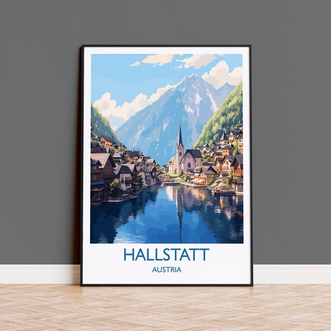 Hallstatt Austria Lakeside Village Church Alpine Peak Travel Poster