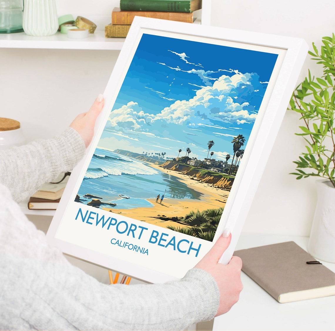 Newport Beach California Sandy Beach Palms Cliffs Vintage Poster - Image 5