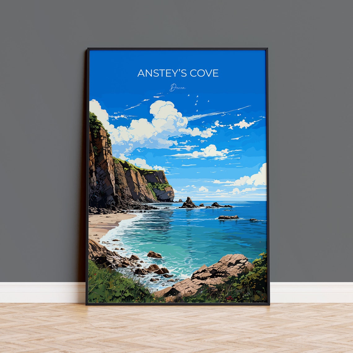 Ansteys Cove Devon Seaside Cliffs Rocky Shore Ocean Travel Poster