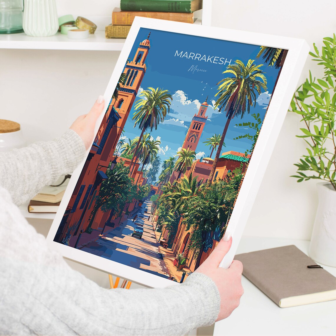 Marrakesh Morocco Palm Lined Street Minarets Old Town Travel Poster - Image 3