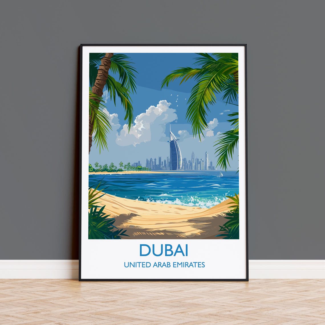 Dubai UAE Burj Al Arab Beach Palms Blue Ocean Vintage Travel Poster