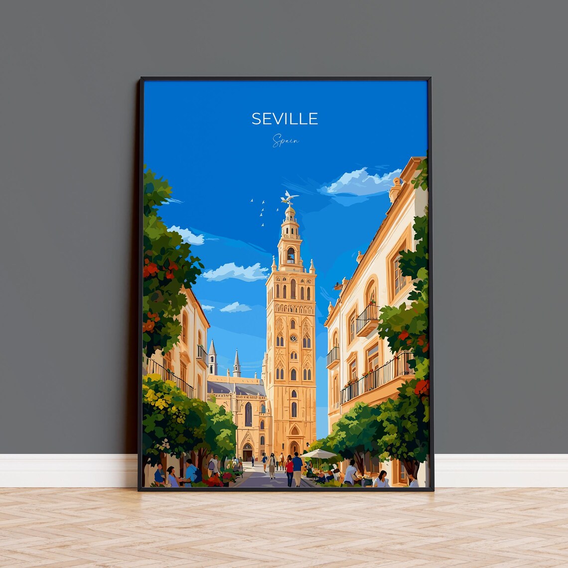 Seville Giralda Tower Orange Tree Street View Lettering Poster