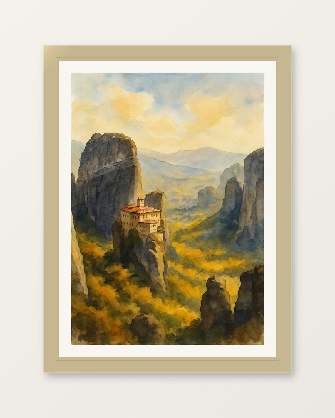 Meteora Greece Monastery Rock Pillars Golden Valley Watercolor Poster