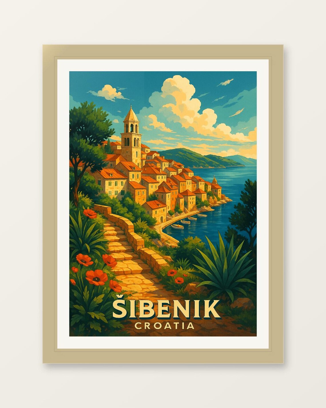 Sibenik Croatia Coastal Old Town Bell Tower Vintage Travel Poster