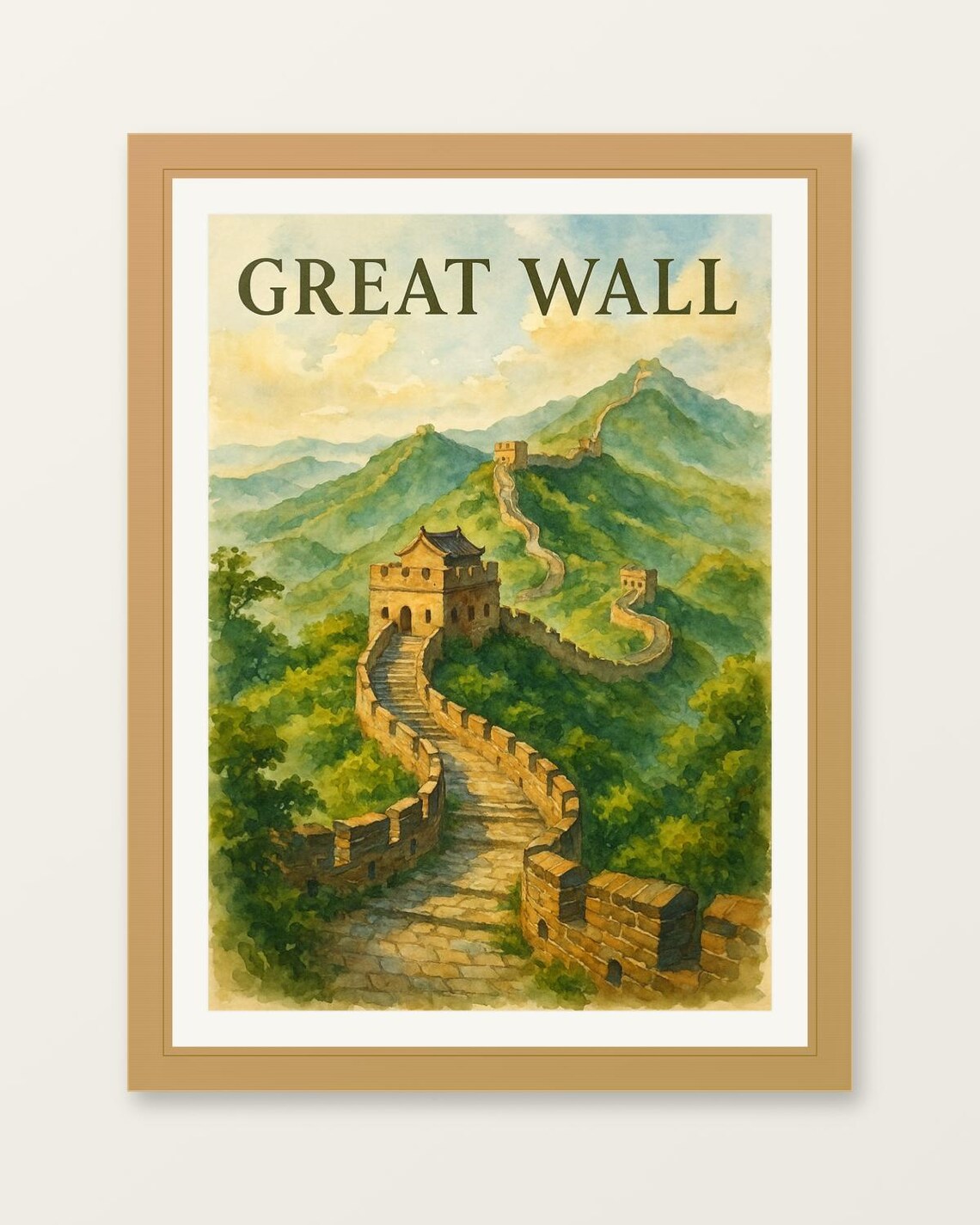 Great Wall of China Watercolor Mountain Watchtower Travel Art Poster