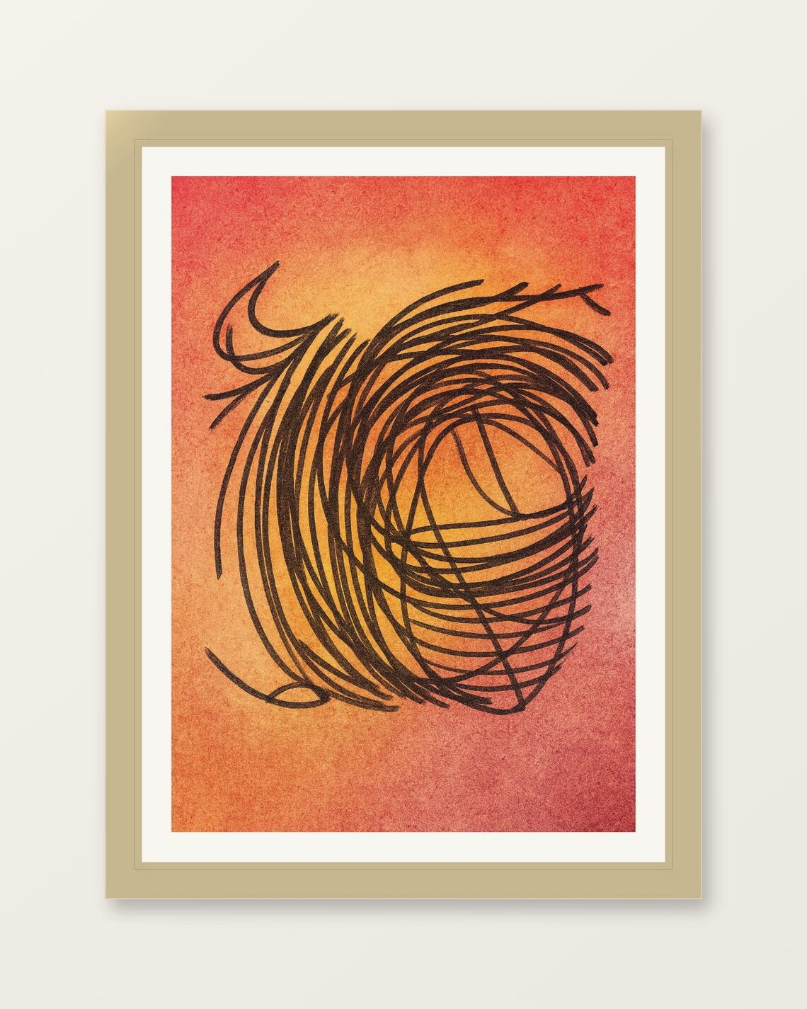 Abstract Black Line Swirl Nest Orange Watercolor Modern Art Poster