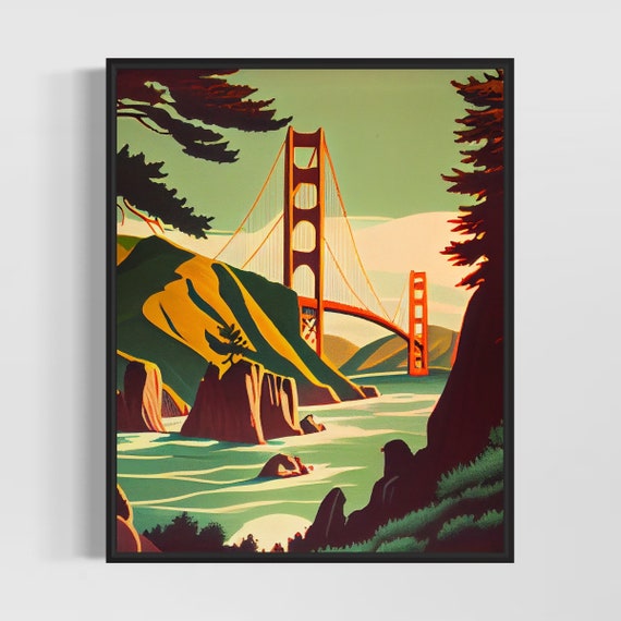 Golden Gate Bridge Retro Art Print Golden Gate Bridge Wall Art Illustration Golden Gate Bridge Vintage Minimal Design Poster