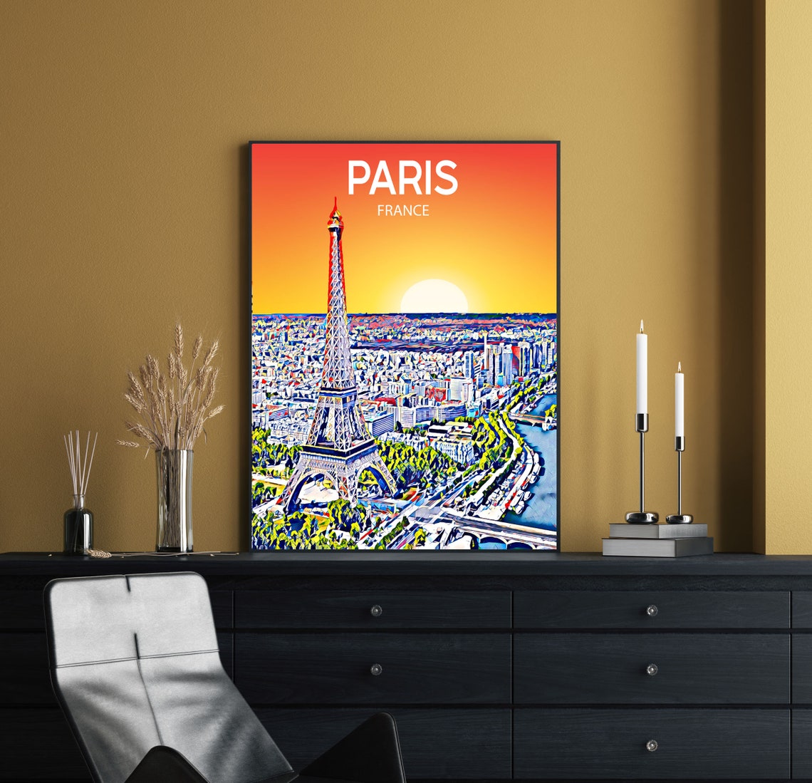 Paris France Eiffel Tower Golden Sunset Cityscape Skyline Poster - Image 2
