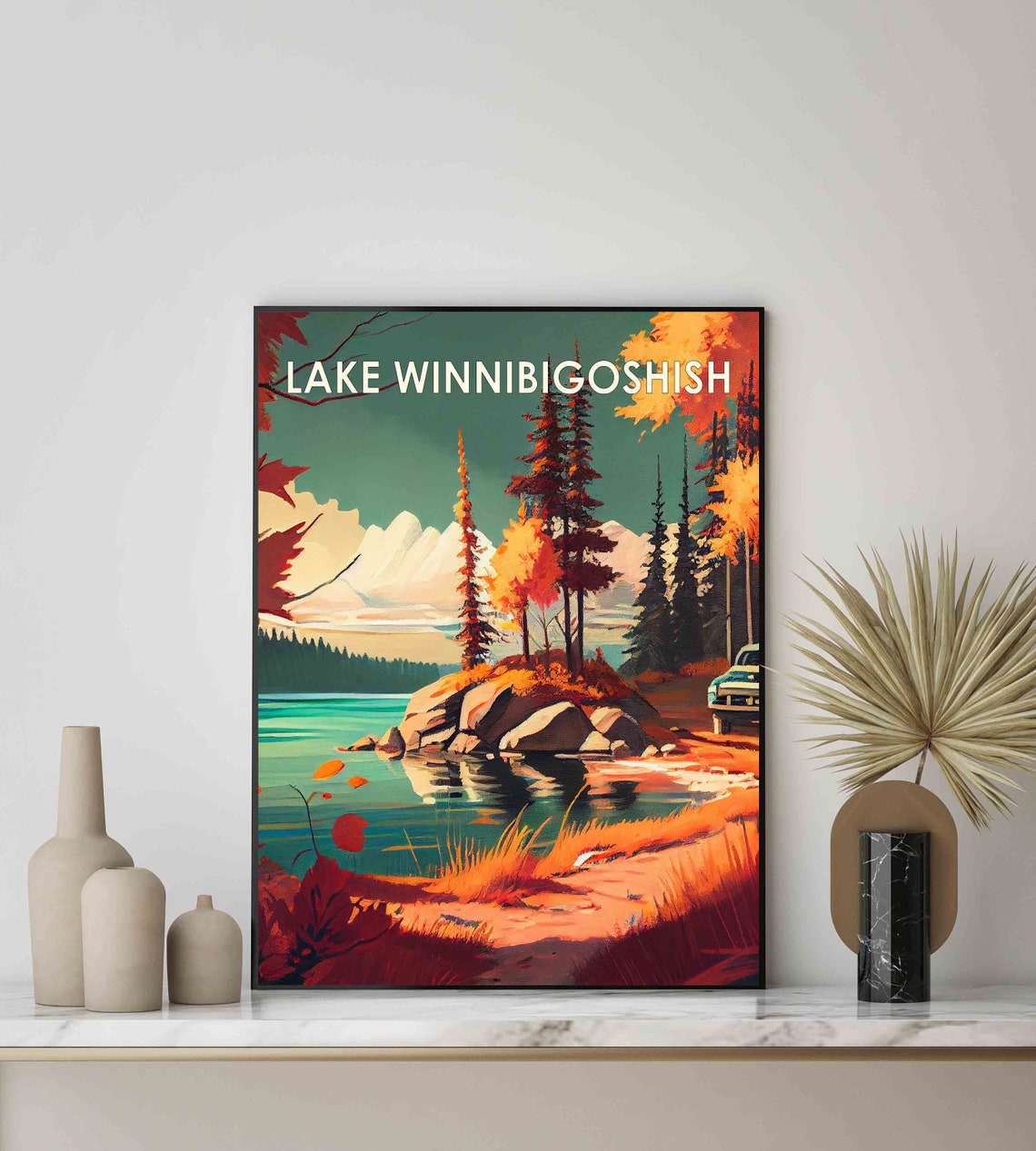 Lake Winnibigoshish Minnesota Retro Poster with Pines and Rocky Shore - Image 2