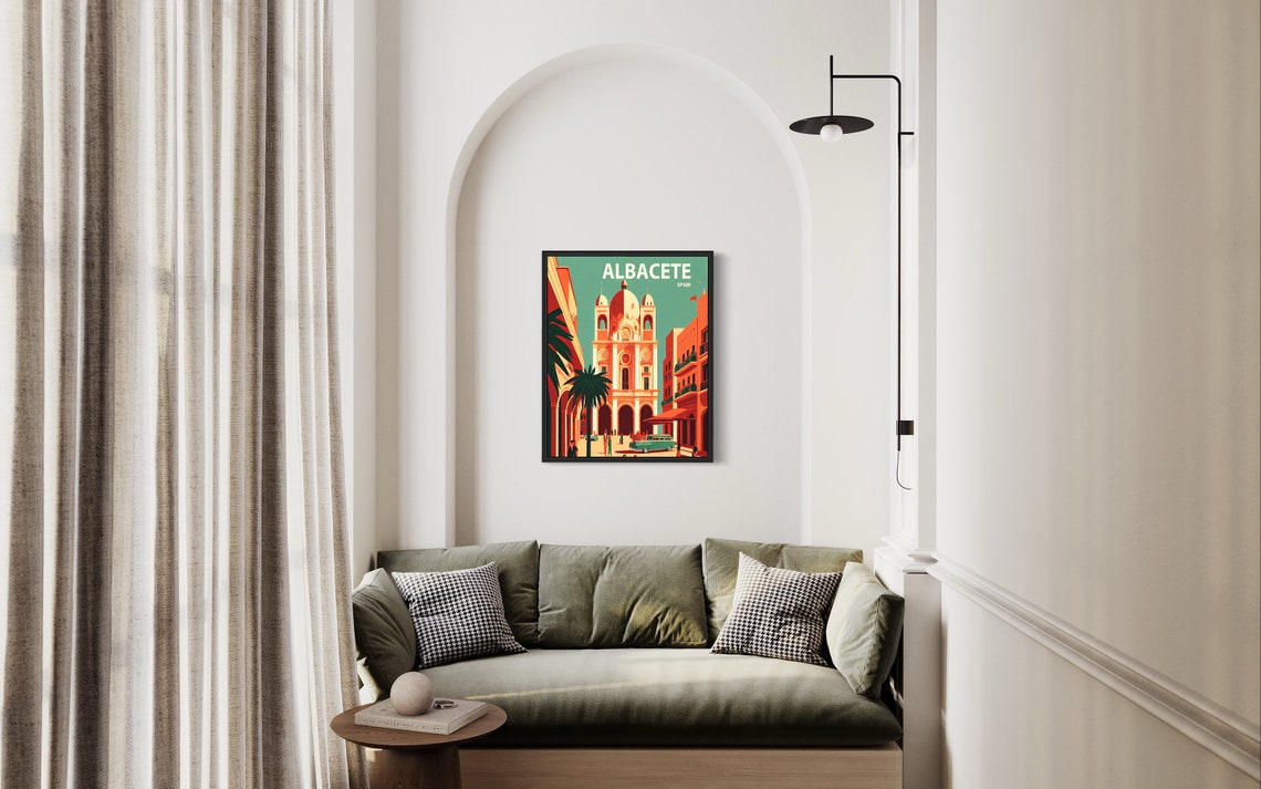 Albacete Spain Retro Cathedral Plaza Classic Car Vintage Art Poster - Image 2