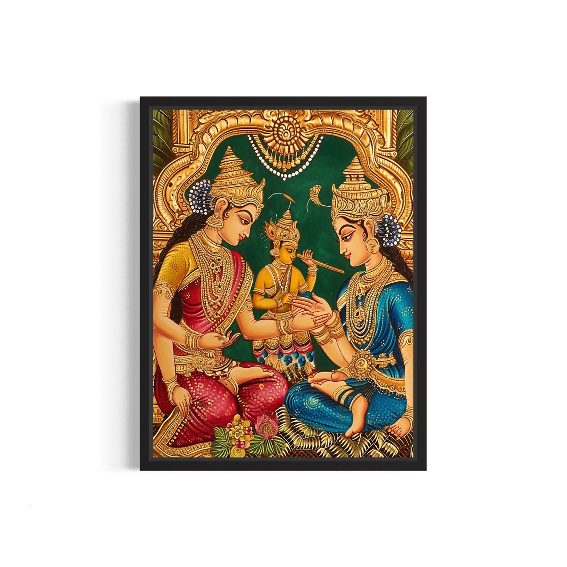 Joyful Child Krishna With Flute Among Devotees Tanjore Art Poster
