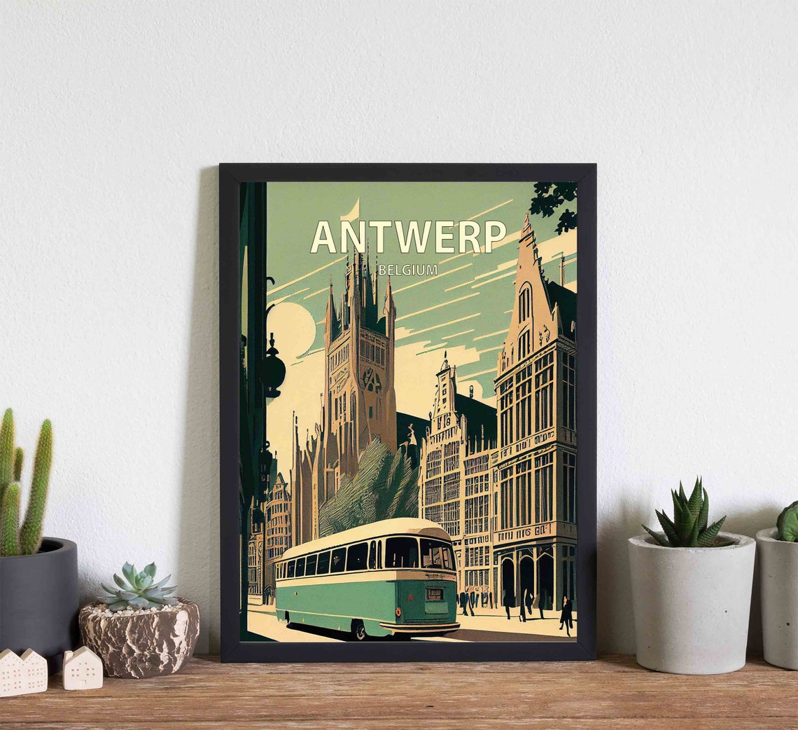 Antwerp Belgium Gothic Cathedral Vintage Bus Retro City Travel Poster