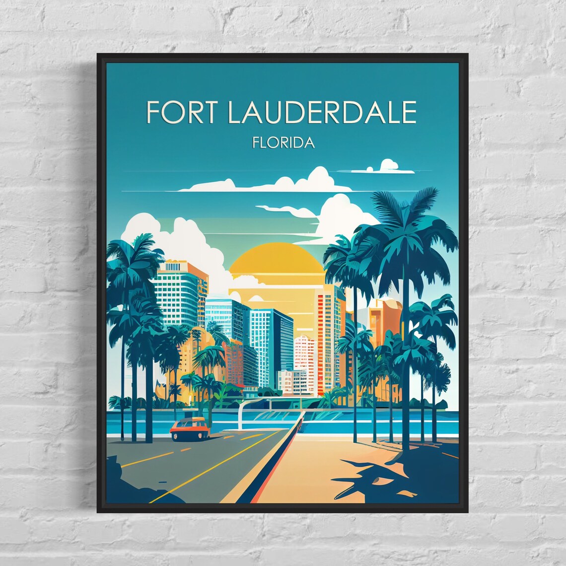 Fort Lauderdale Florida Palm Skyline Golden Sunset Vintage Poster