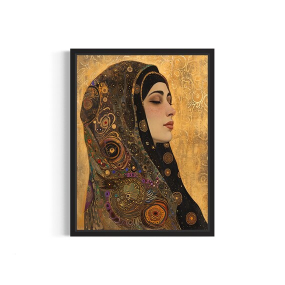 Contemplative Woman in Dark Ornate Hijab on Gold Ground Poster