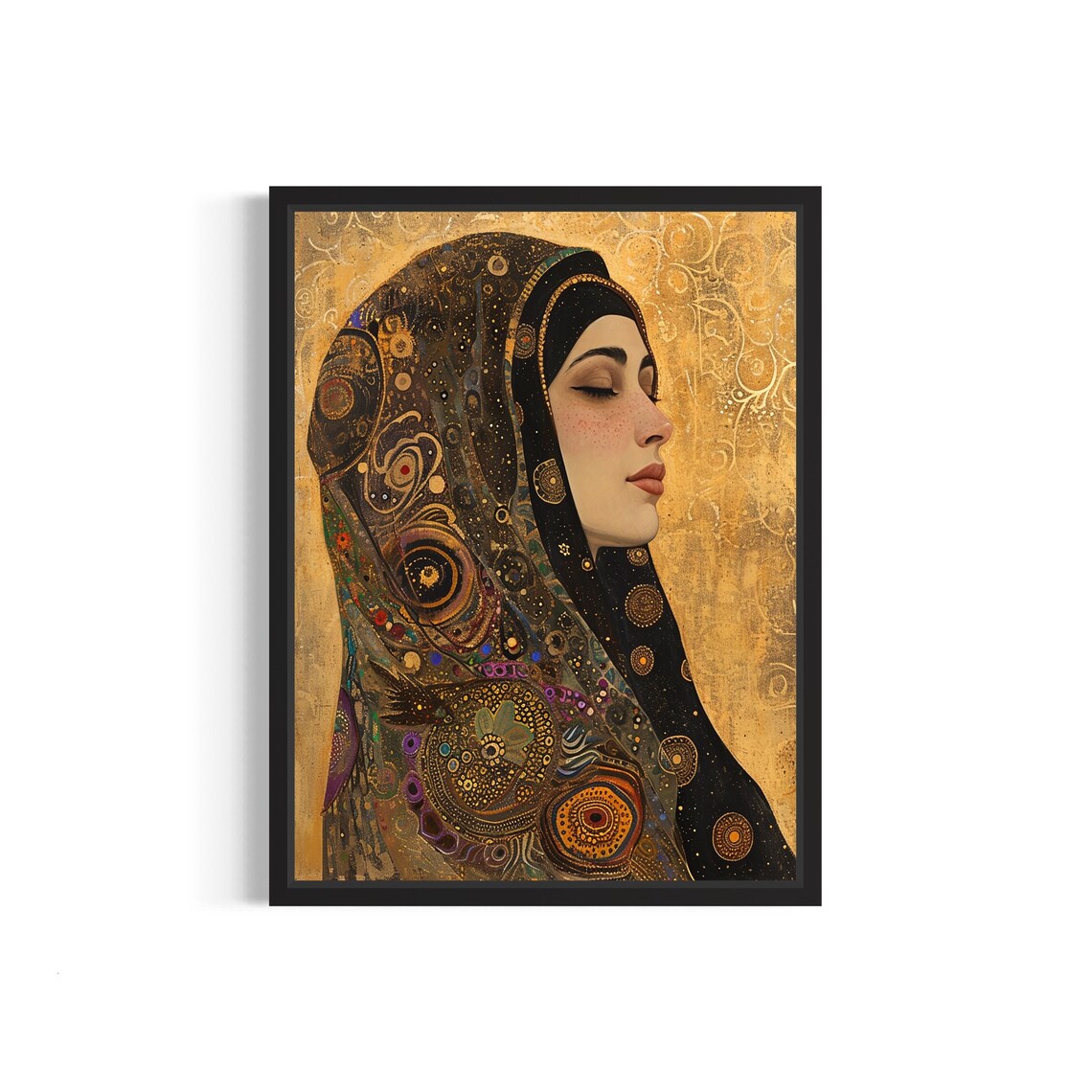 Contemplative Woman in Dark Ornate Hijab on Gold Ground Poster