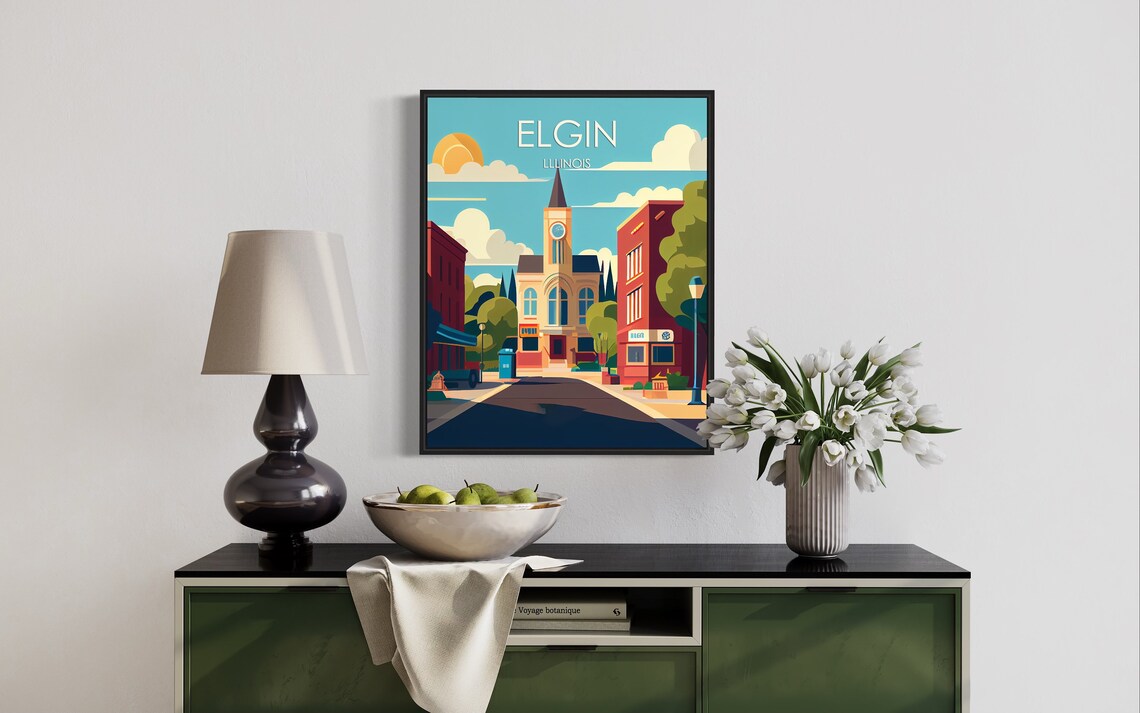 Elgin Illinois Clock Tower Main Street Vintage City Art Poster - Image 2