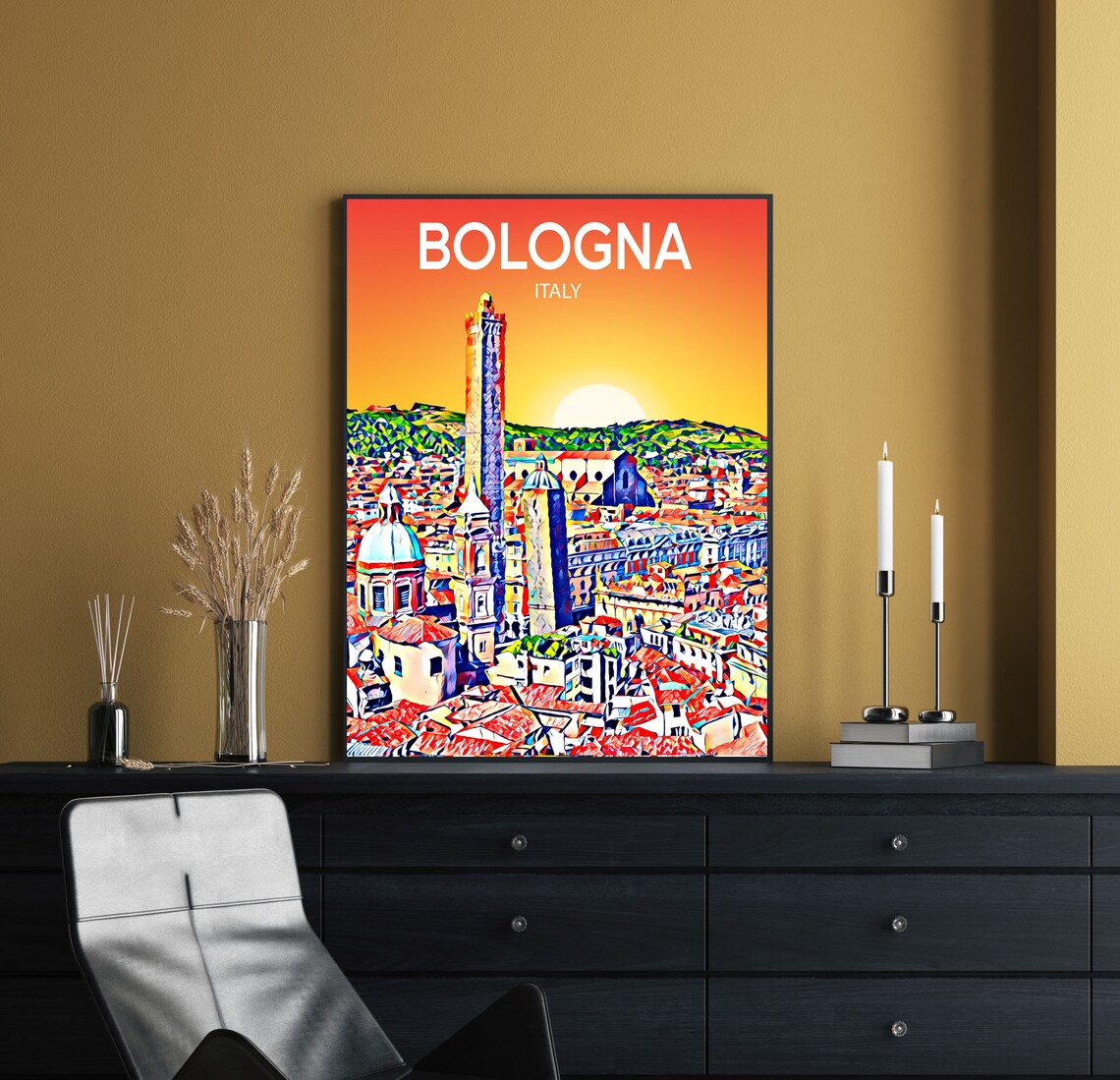 Bologna Italy Sunset Skyline Medieval Towers Travel Poster Art - Image 2