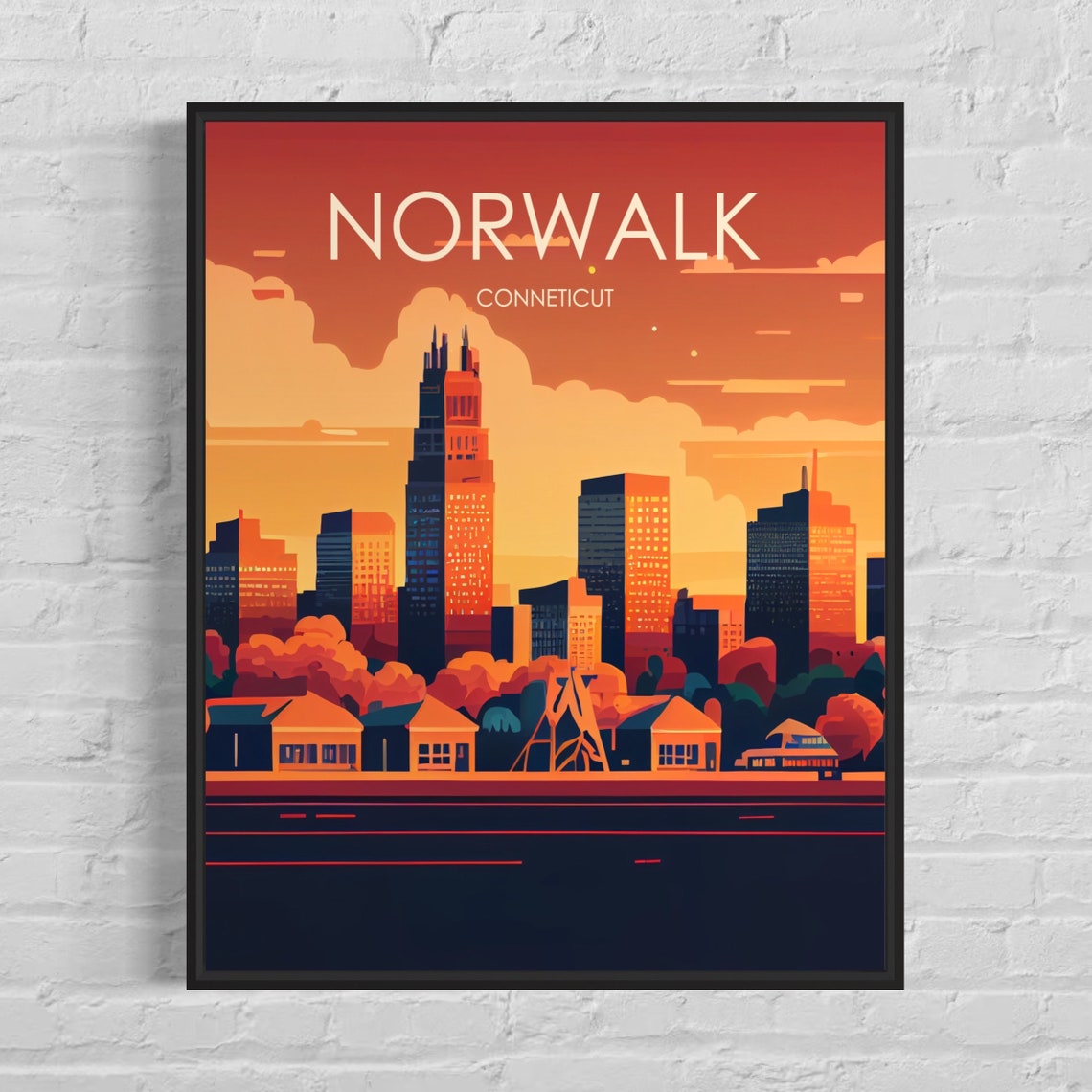 Norwalk Connecticut Sunset Skyline Harbor Retro Travel Poster