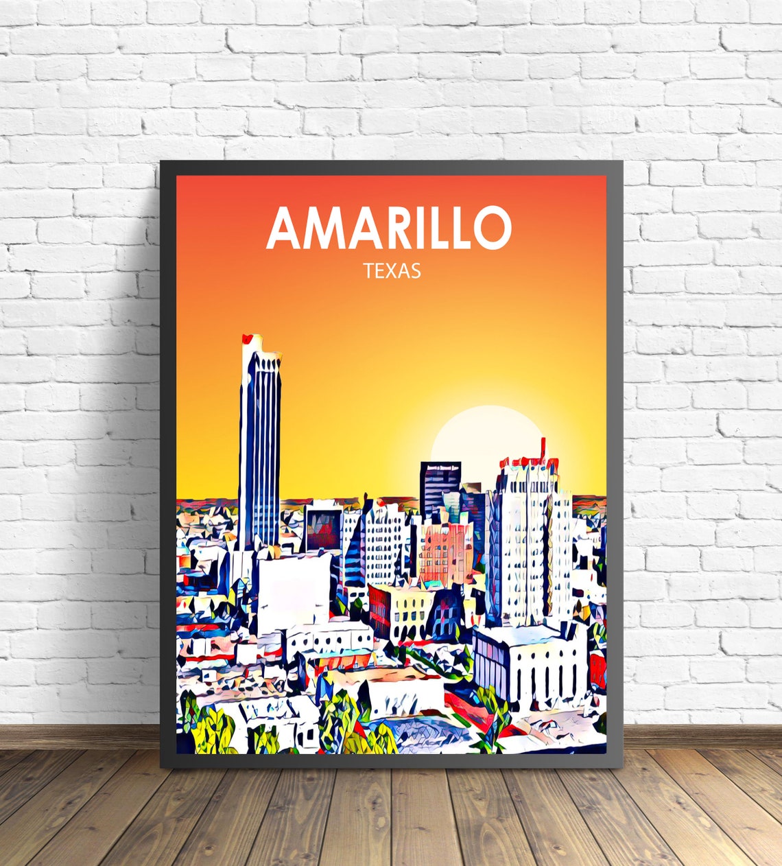 Amarillo Texas Sunset Skyline Panhandle City Pop Art Travel Poster