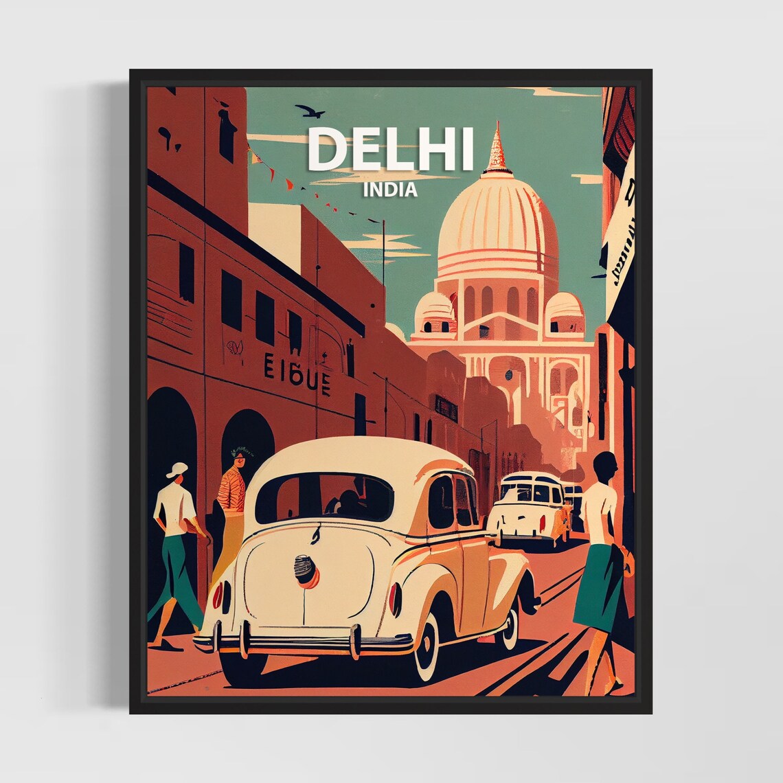 Delhi India Retro Old Street Vintage Cars Bustling Scene Travel Poster