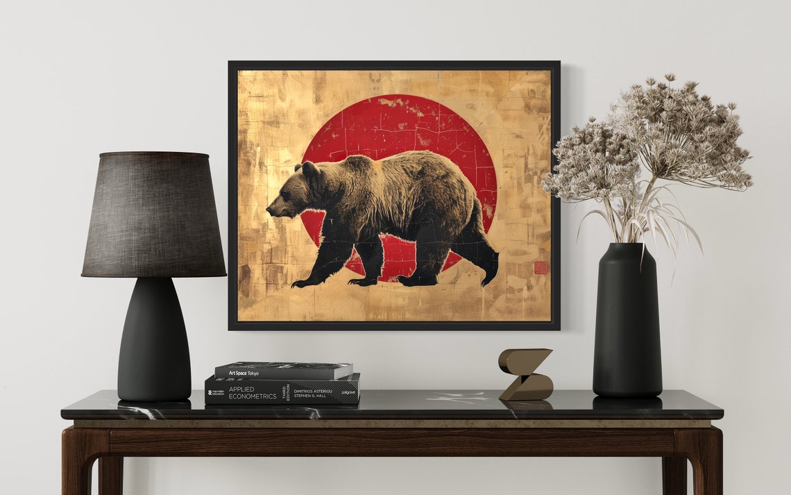 Walking Grizzly Bear Against Red Sun Asian Gold Style Poster - Image 2