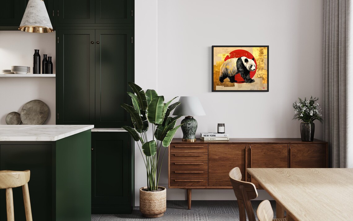 Giant Panda Striding Against Red Sun Asian Gold Style Poster - Image 2