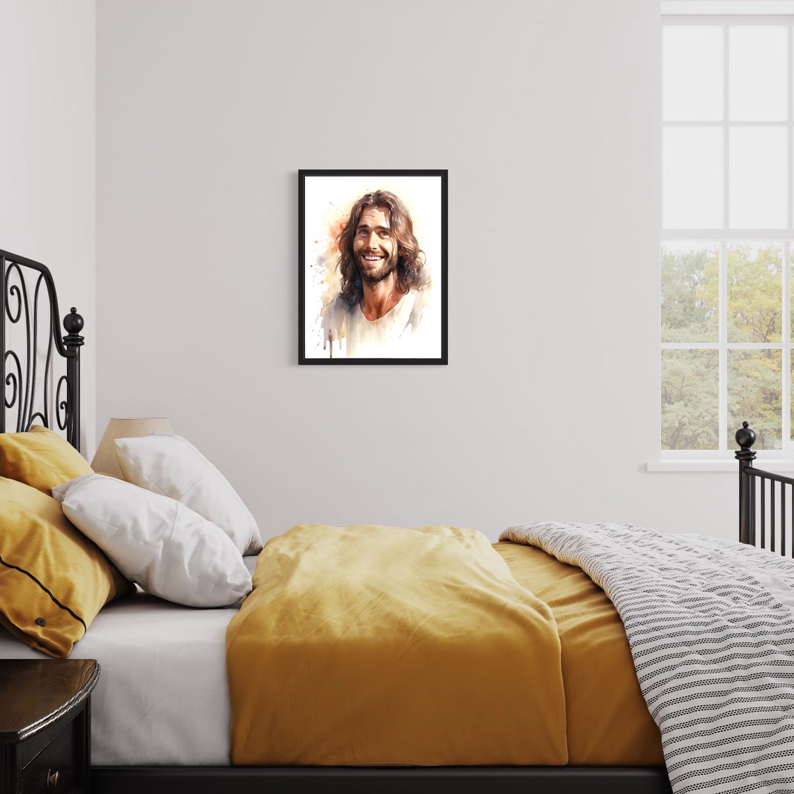 Smiling Jesus Christ Watercolor Portrait Religious Art Poster - Image 3