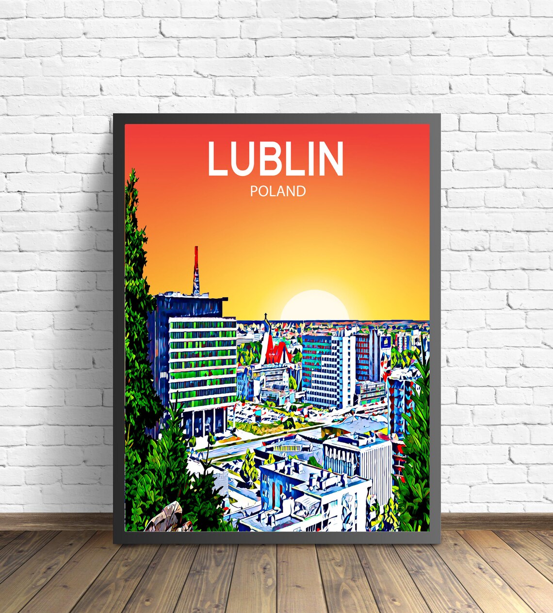 Lublin Poland Sunset City Skyline Colorful Modern Art Poster