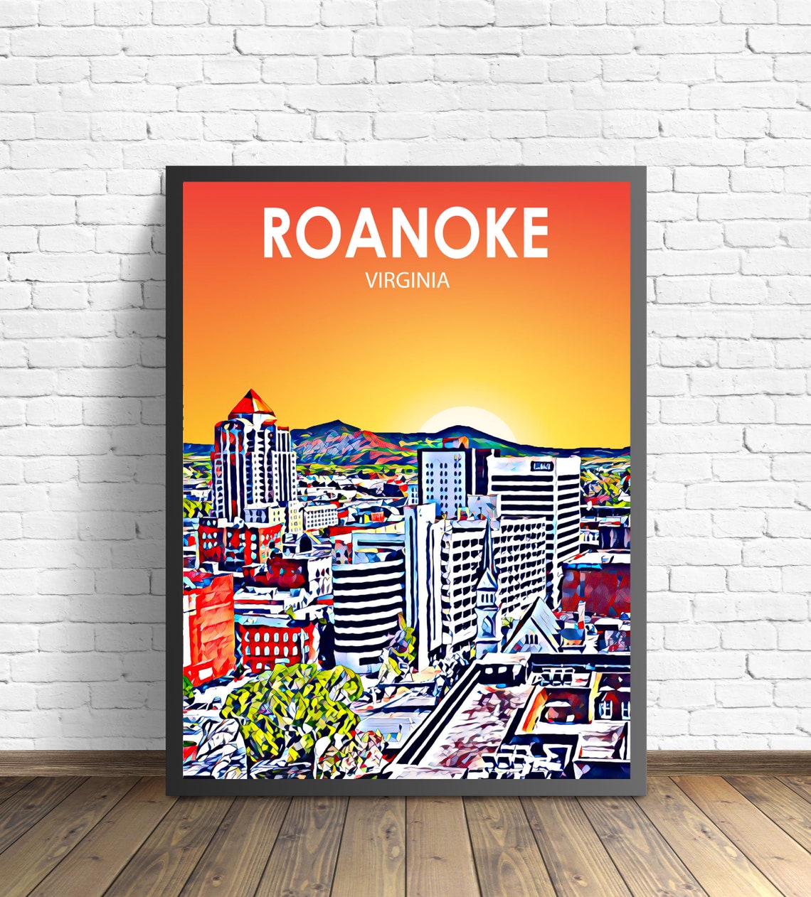 Roanoke Virginia Sunset Skyline Blue Ridge Mountain Travel Poster