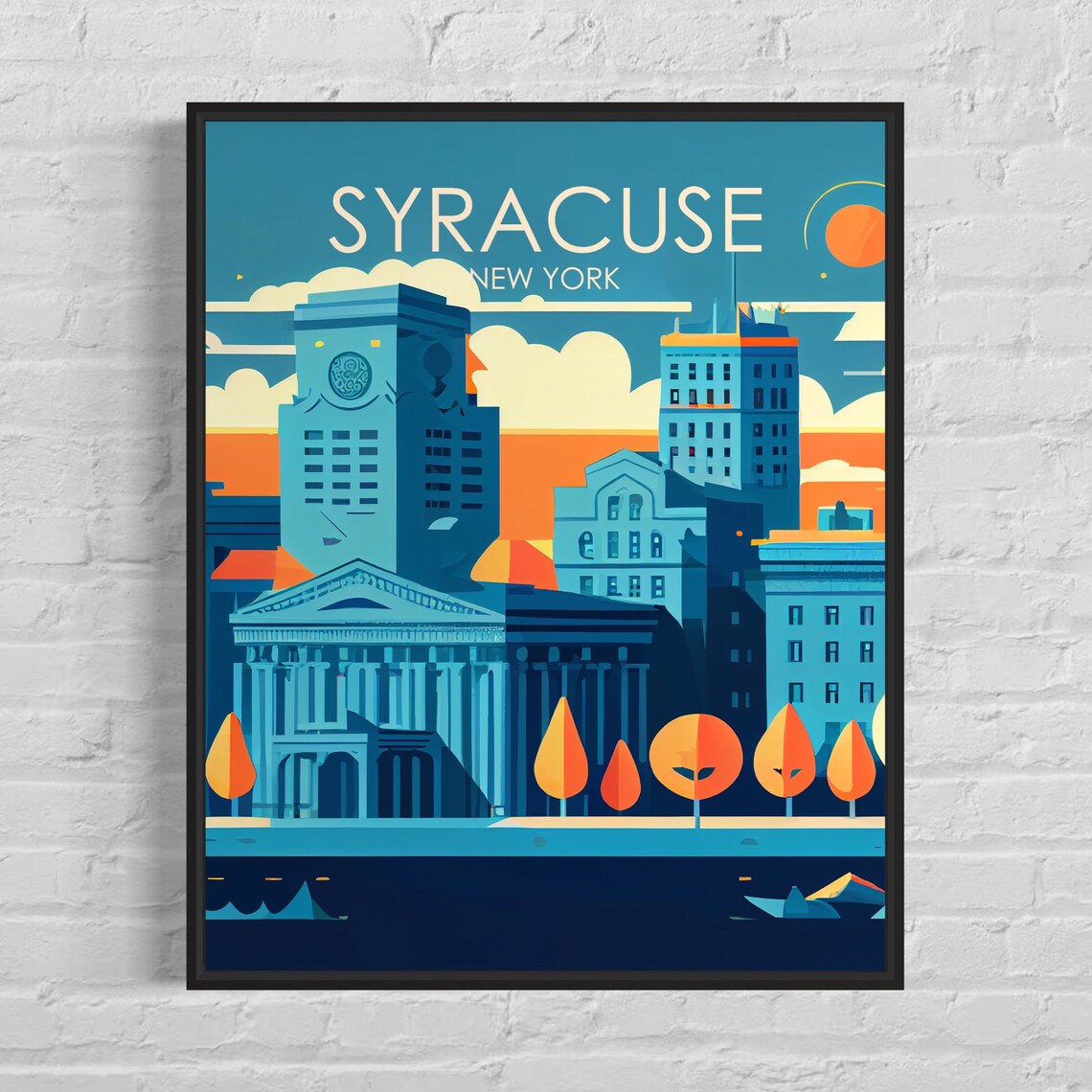 Syracuse New York Sunset City Skyline Waterfront Retro Travel Poster