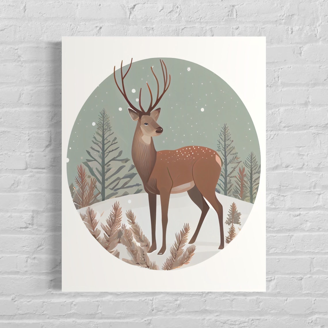 Winter Stag Deer Standing in a Snowy Starry Forest Circle Poster