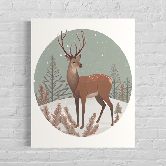 Winter Stag Deer Standing in a Snowy Starry Forest Circle Poster