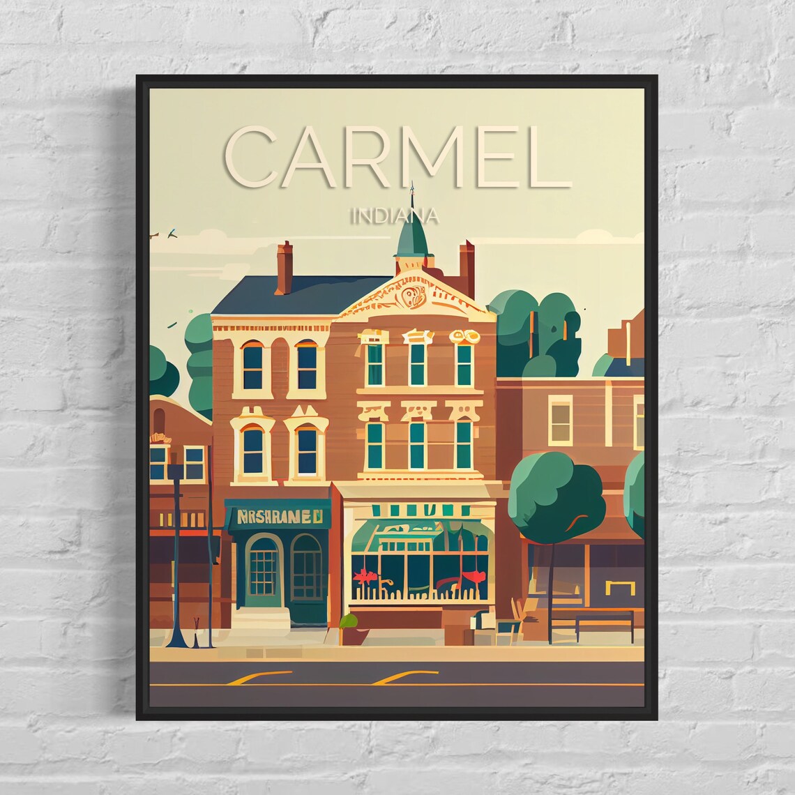 Carmel Indiana Historic Main Street Brick Storefronts Travel Poster