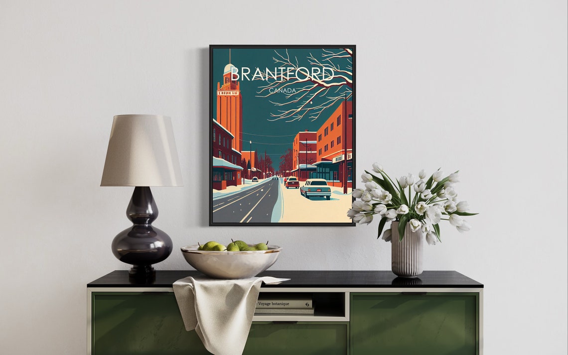 Brantford Canada Retro Snowy Winter Street Evening Glow Poster - Image 2