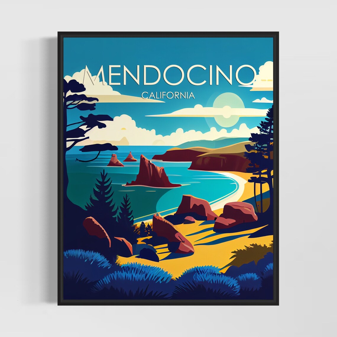 Mendocino California Retro Sea Stacks Beach Pines Coast Poster