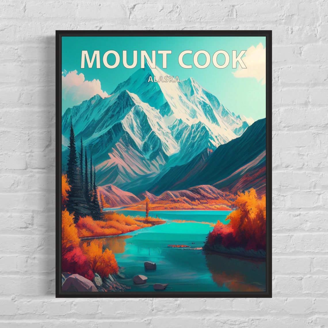 Mount Cook Alaska Turquoise Lake Snowy Peak Autumn Retro Travel Poster