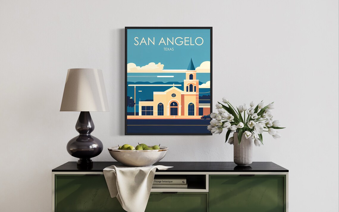 San Angelo Texas Vintage Quiet Mission Church Tower Dusk Poster - Image 2