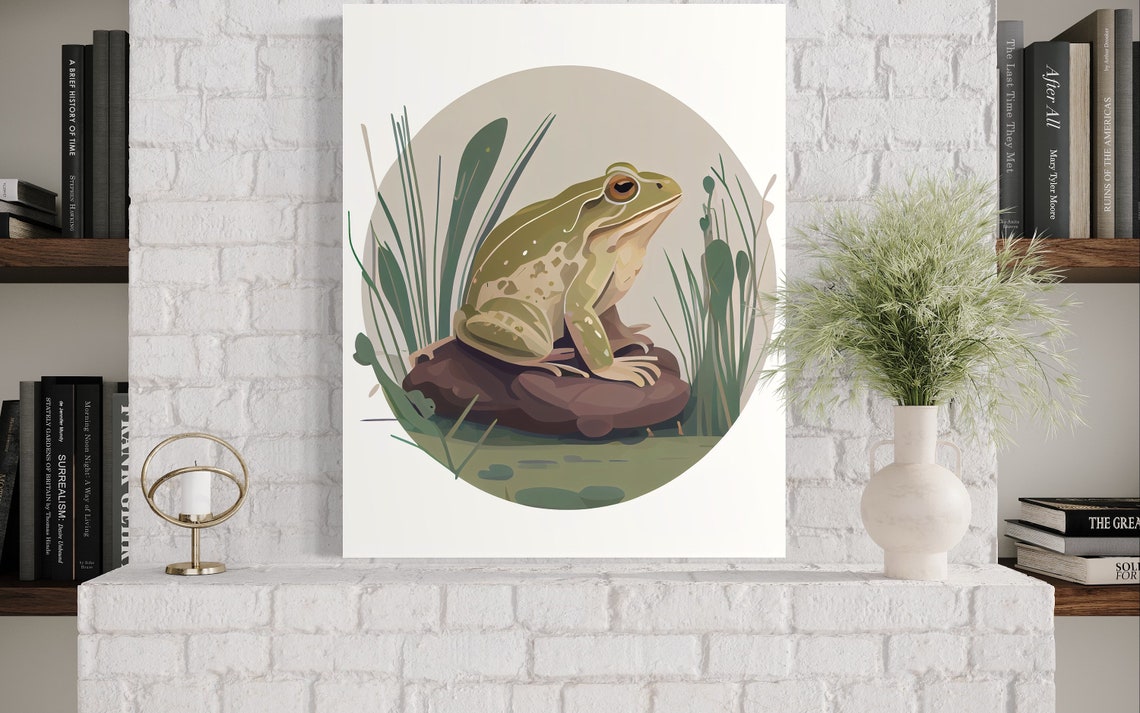 Green Frog Pond Minimalist Botanical Pond Illustration Art Print - Image 3