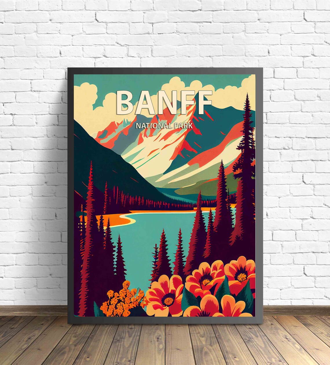 Banff National Park Alpine Lake Wildflower Scene Retro Travel Poster - Image 3