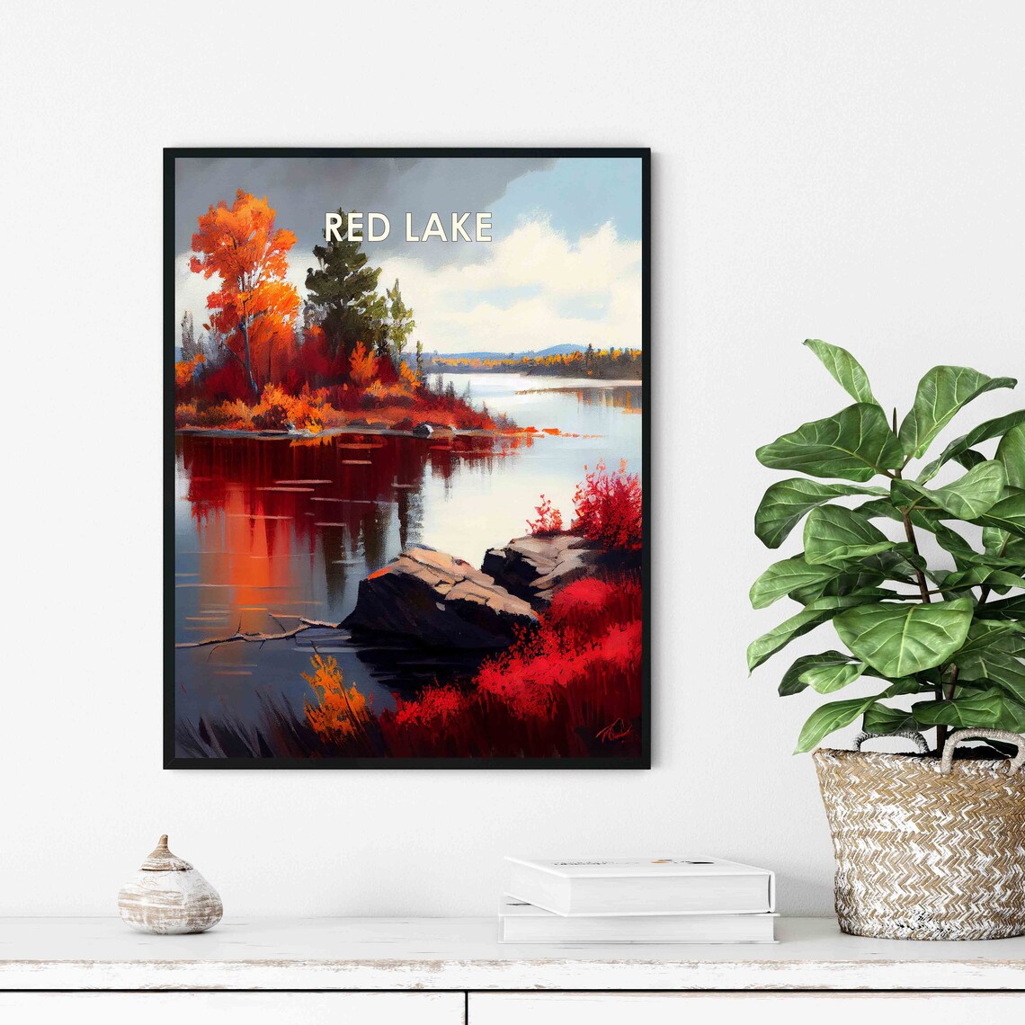Red Lake Minnesota Retro Poster with Fiery Autumn Foliage by the Water - Image 3