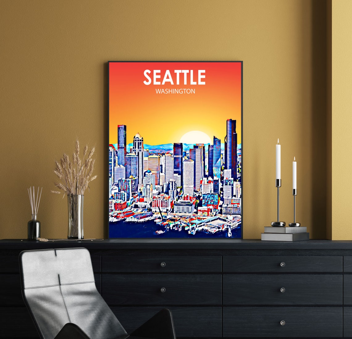 Seattle Washington Sunset Downtown Harbor Skyline Painted Art Poster - Image 2