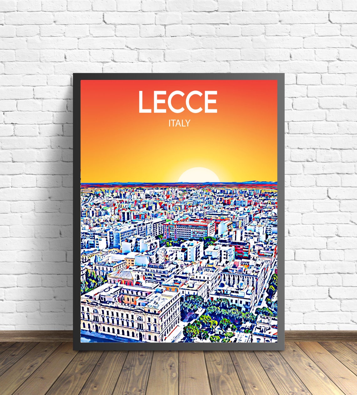 Lecce Italy Sunset Skyline Vibrant Mosaic Cityscape Art Poster