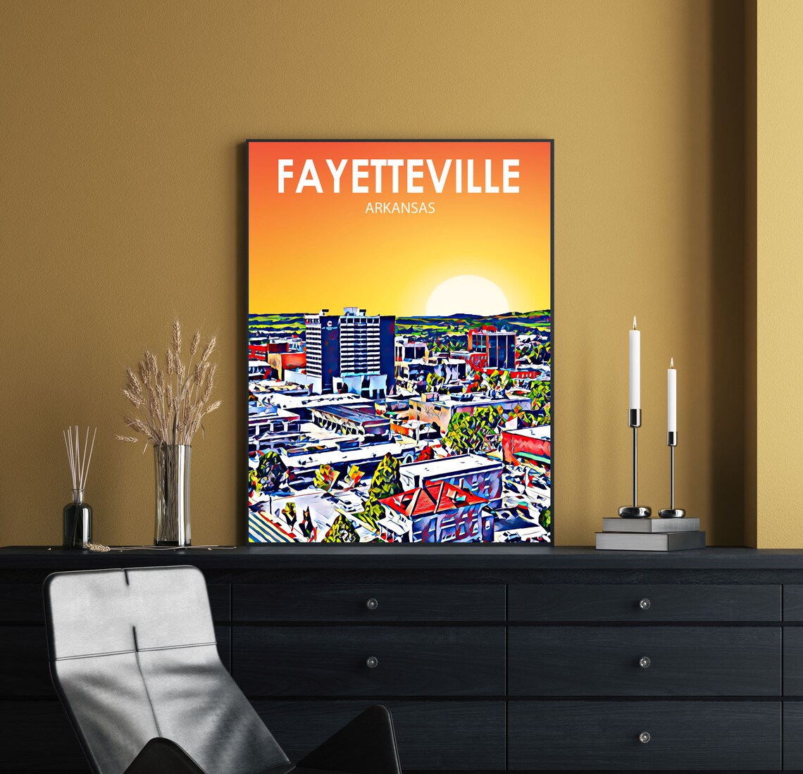 Fayetteville Arkansas Art Poster Sunset Landscape Poster Print Fayetteville City Framed Wall Art Skyline Sketch Photo - Image 2