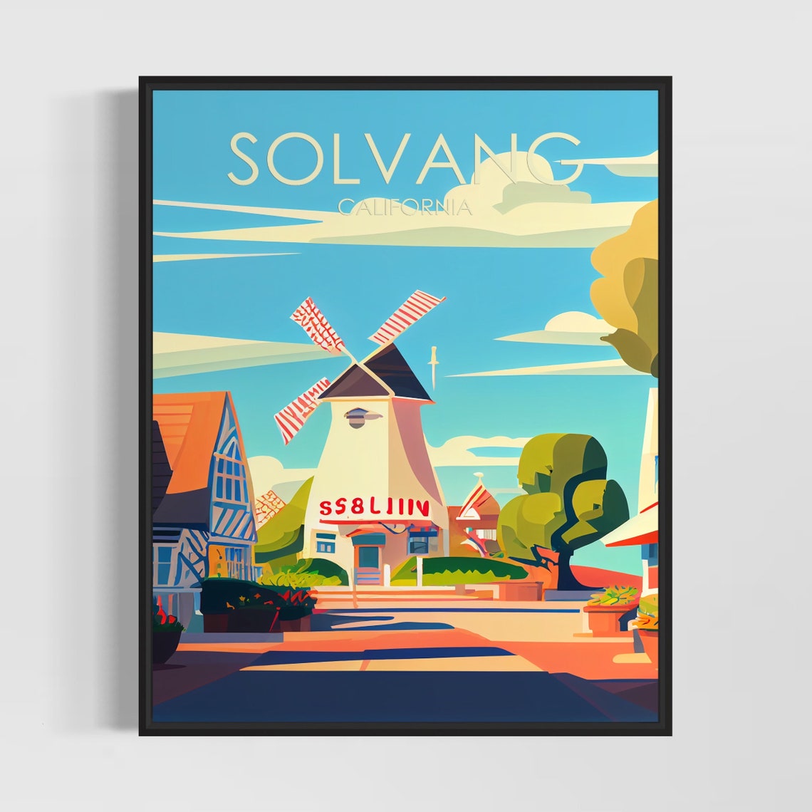 Solvang California Poster with Danish Windmill Village Street