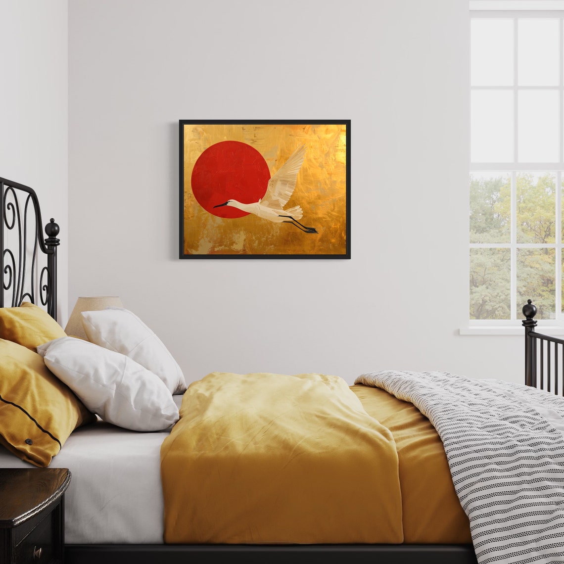 White Egret in Flight Against Red Sun Asian Gold Style Poster - Image 3