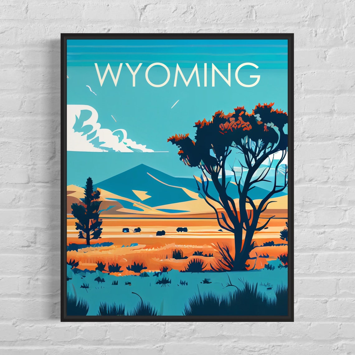 Wyoming Desert Plains Grazing Bison Retro Travel Landscape Poster