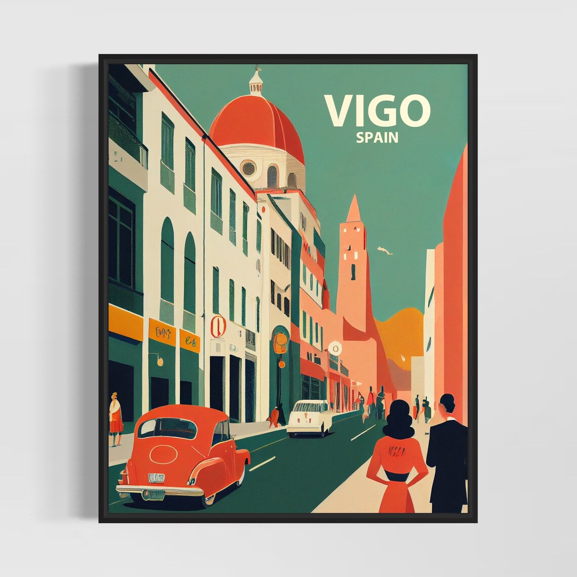 Vigo Spain Retro Street Scene Classic Cars Beneath Red Dome Poster