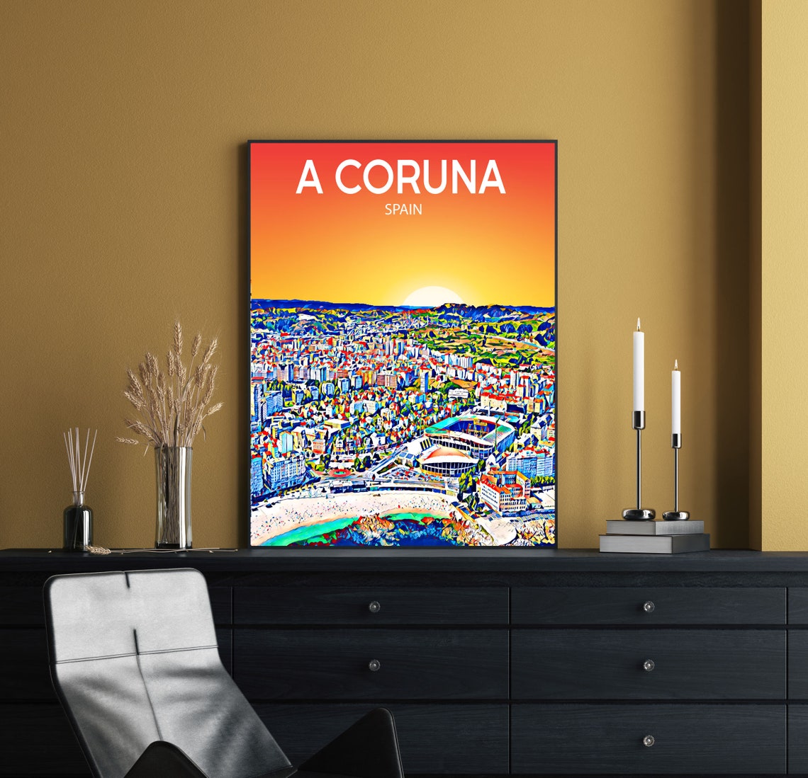 A Coruna Spain Night Skyline Moonlit Coast Sketch Art Poster - Image 2