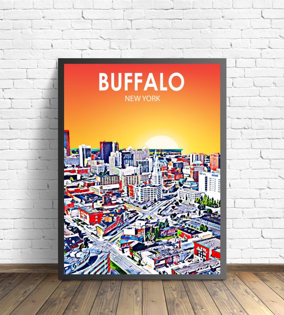 Buffalo New York Sunset City Skyline Vibrant Downtown Sketch Poster